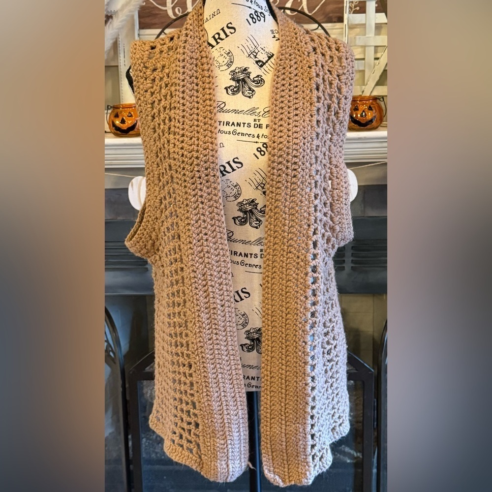 HandKnit Crochet Sweater Tan Brown Medium Large Sleeveless Cardigan Vest Vintage